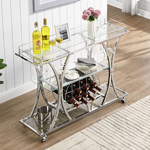 Homyshopy Bar Serving Cart With Glass Holder And Wine Rack, 3-Tier Kitchen Trolley With Tempered Glass Shelves And Chrome-Finished Metal Frame, Mobile Wine Cart For Home (Silver) #TOP2