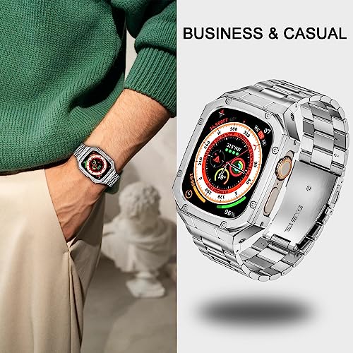 Image of BAITEYOU Stainless Steel Watch Band with Case Compatible with Apple Watch Ultra 3 2 1 band (49mm), Rugged Strap with Metal Protective Bumper Cover for iWatch Bands Men (Silver)