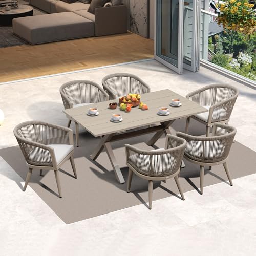 Image of PURPLE LEAF Patio Dining Set for 6 with Cushions Champagne with Cover
