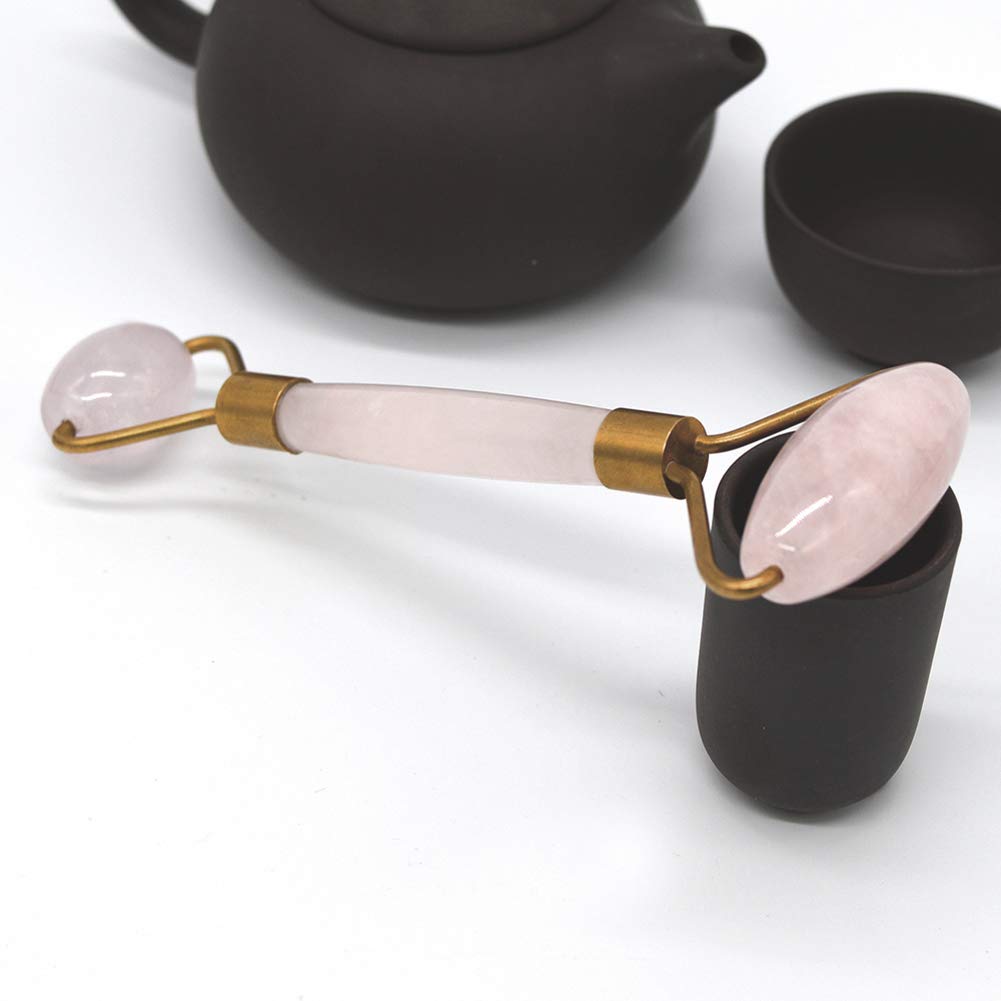 RODEREK Rodillo facial de cuarzo rosa, masajeador facial de jade para antienvejecimiento y antiarrugas, herramientas de belleza facial de jade natural (oro rosa)