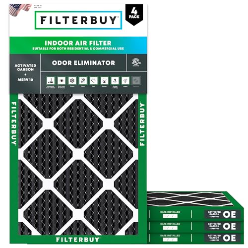 Filterbuy 16x25x1 Air Filter MERV 10 Odor & Allergy Defense with Activated Carbon (4-Pack), Electrostatic Pleated HVAC AC Furnace Filters Replacement, Made in USA (Actual Size: 15.50 x 24.50 x 0.75)