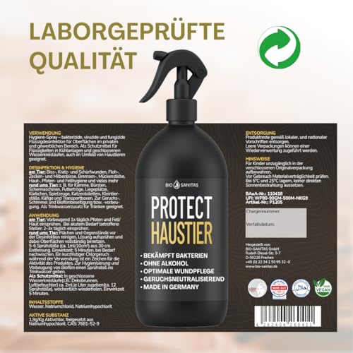 BIO SANITAS PROTECT Haustier Desinfektionsspray, 500 ml Hunde Desinfektion alkoholfrei für Katzen und Hunde, Desinfektionsmittel für Näpfe, Spielzeug, Transportboxen u.v.m., Geruchsneutralisierend