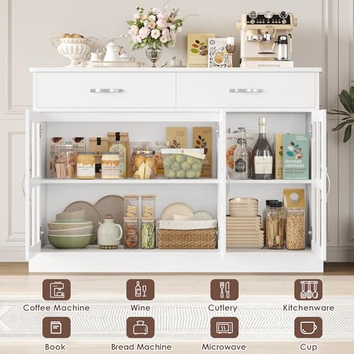 FirFurd 120cm White Sideboard, Living Room Cabinets, Kitchen Sideboard, Display Cabinet with 3 Glass Doors 2 Drawers and Adjustable Shelves Wooden 120x40x84cm - Image 5