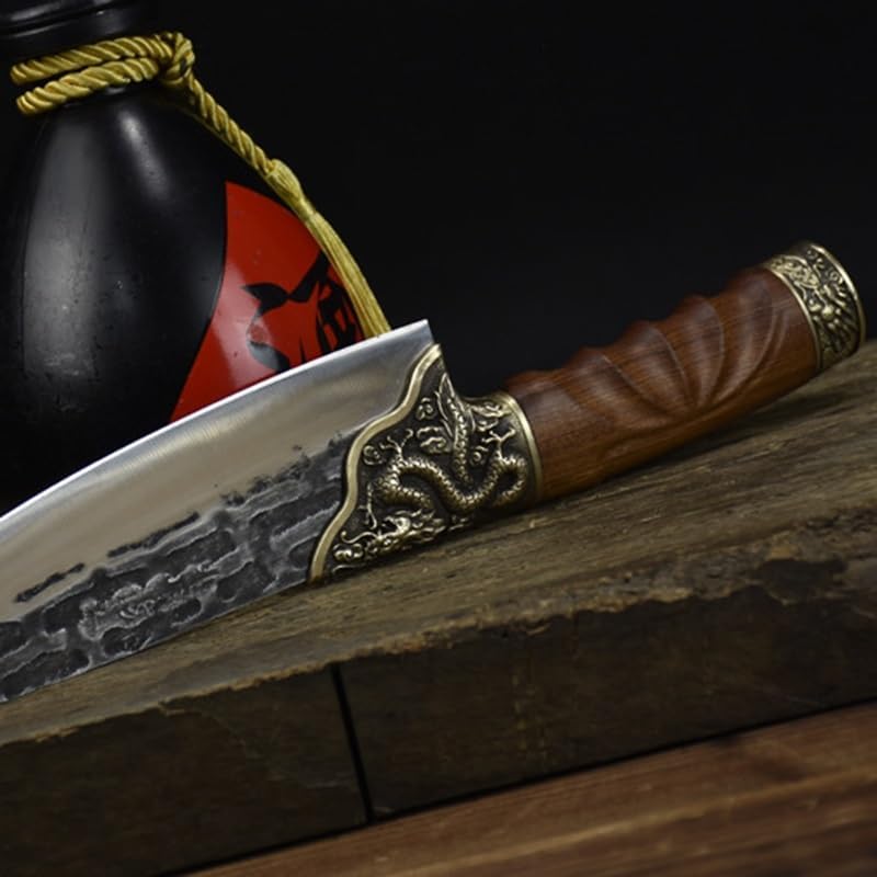 Meat Cleaver,Cleaver Knife, Longquan Knife Slicing Cleaver Barbecue Sushi Chef Copper Dragon Decor 8 Inch Handmade Forged Steel Kitchen Knife Cooking Tools