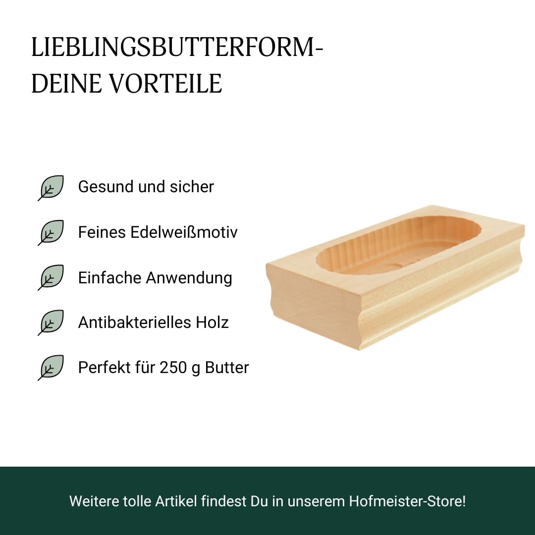 HOFMEISTER® stampo per burro in legno 250 g, 19 cm, motivo stella alpina, fatto a mano in Germania, stampo decorativo angolare in acero domestico