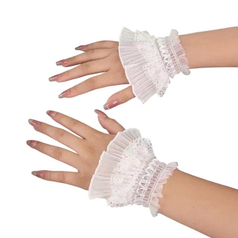 Hand Sleeve Wrist Cuffs Ruffled Floral Lace Elastic Wedding Party Decoration Accessories (White)