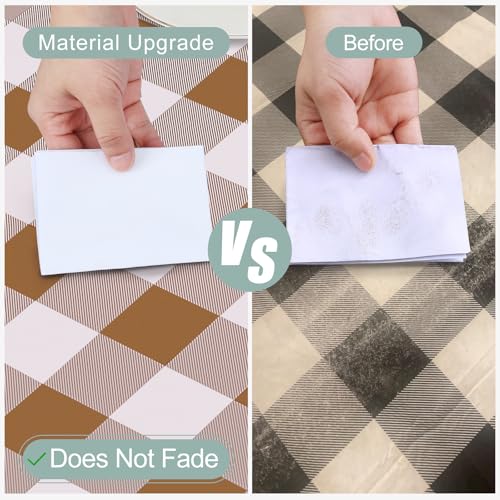 Image of misaya Round Waterproof Vinyl Table Cloth, Buffalo Flannel Backed Tablecloth, Wipeable Plastic Table Cover for Dinner, Kitchen, Picnic (60 inch, Brown and White)