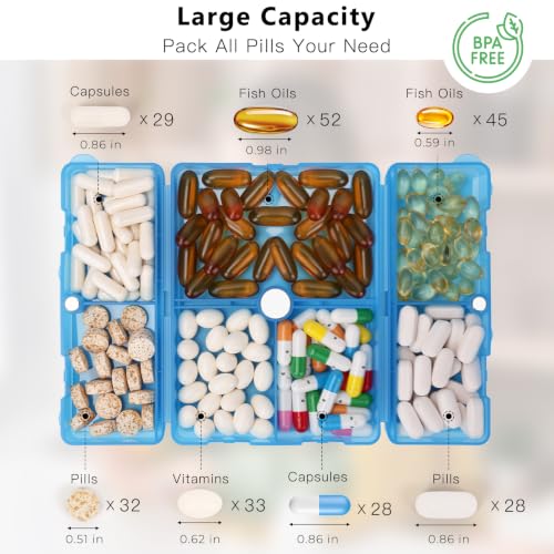 Image of FYY Travel Pill Organizer, 7 Compartments Large Pill Box Case-Clear Blue