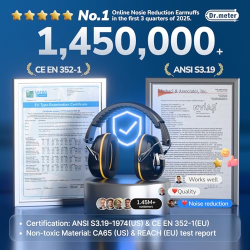 Image of Dr.meter Hearing Protection Ear Muffs, 31dB Noise Reduction Safety Earmuffs with Adjustable Headband for Adults Kids Autism Sensory, Ear Muff for Yard Work, Mowing or Hunting Black 2PACK