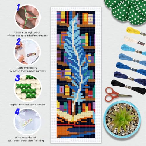 Image of BEUNITONE 6 PCS Cross Stitch Bookmark Kit for Adults Beginners,Fairy Tale Scene Pre-Printed Cross Stitch,DIY Stamped Embroidery Bookmark Kits,with Instructions,Craft Kit for Book Lovers 8.5''x3''