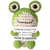 TOYMIS Gehäkelter Frosch, Handgefertigter Mini Strickfrosch mit Inspirierender Karte Süße Positive Tier Häkelpuppe für Fraue Männer Freunde Kollegen Motivierendes Geschenk