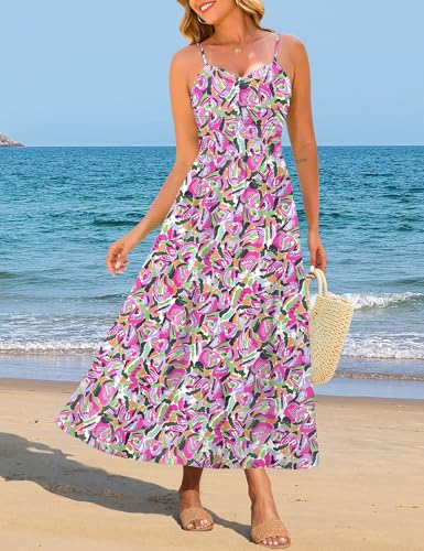 Image of Annebouti Women 2026 Summer Spring Ruched Maxi Dress Adjustable Spaghetti Strap Floral Beach Long Sundress with Pockets