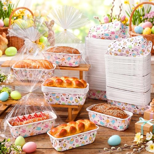 Honeydak 100 Sets Easter Paper Baking Pans Bulk Paper Loaf Pans for Baking 6.3 x 2.2 x 2.2 in Spring Disposable Serving Tray Bunny Chick Egg Patterns Party Supplies (Easter) by Honeydak - Image 6
