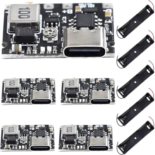 DAOKAI Battery Charger Board,18650 Lithium Li-ion Battery Charger module,DC-DC Step Up Boost Module Adjustable charge and discharge 3.7V 4.2V to 5V/9V 1A,with Single battery case,pack of 5