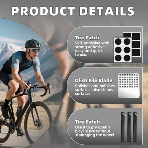 KELAV Parches Bicicleta 52 Piezas, Kit Repara Pinchazos Bicicleta Autoadhesivo con Lima de Metal, Kit Reparación Neumáticos, Adecuado para Neumáticos de Bicicletas Carretera y Montaña - imagen 3