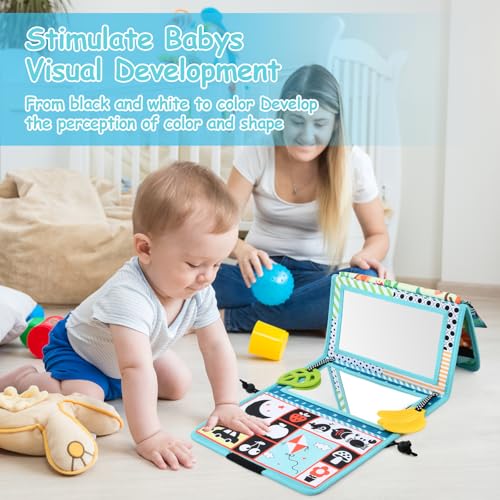 Focenat Baby Spiegel,Baby Spiegel Spielzeug,Bauchlage Spielzeug Baby,Knisterbuch Baby,Baby Spiegel Spielzeug mit Knisterbuch,Baby Lernspielzeug mit Stoffbuch,Ideal als Fühlbuch für Neugeborene
