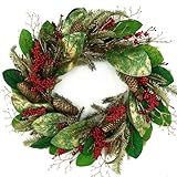 AMF0RESJ Artificial Christmas Wreaths for Front Door Christmas Magnolia Wreath with Green Gold Magnolia Leaves,Pine Cones,Berry for Front Door Indoor Outdoor Farmhouse Porch Window Home Decor