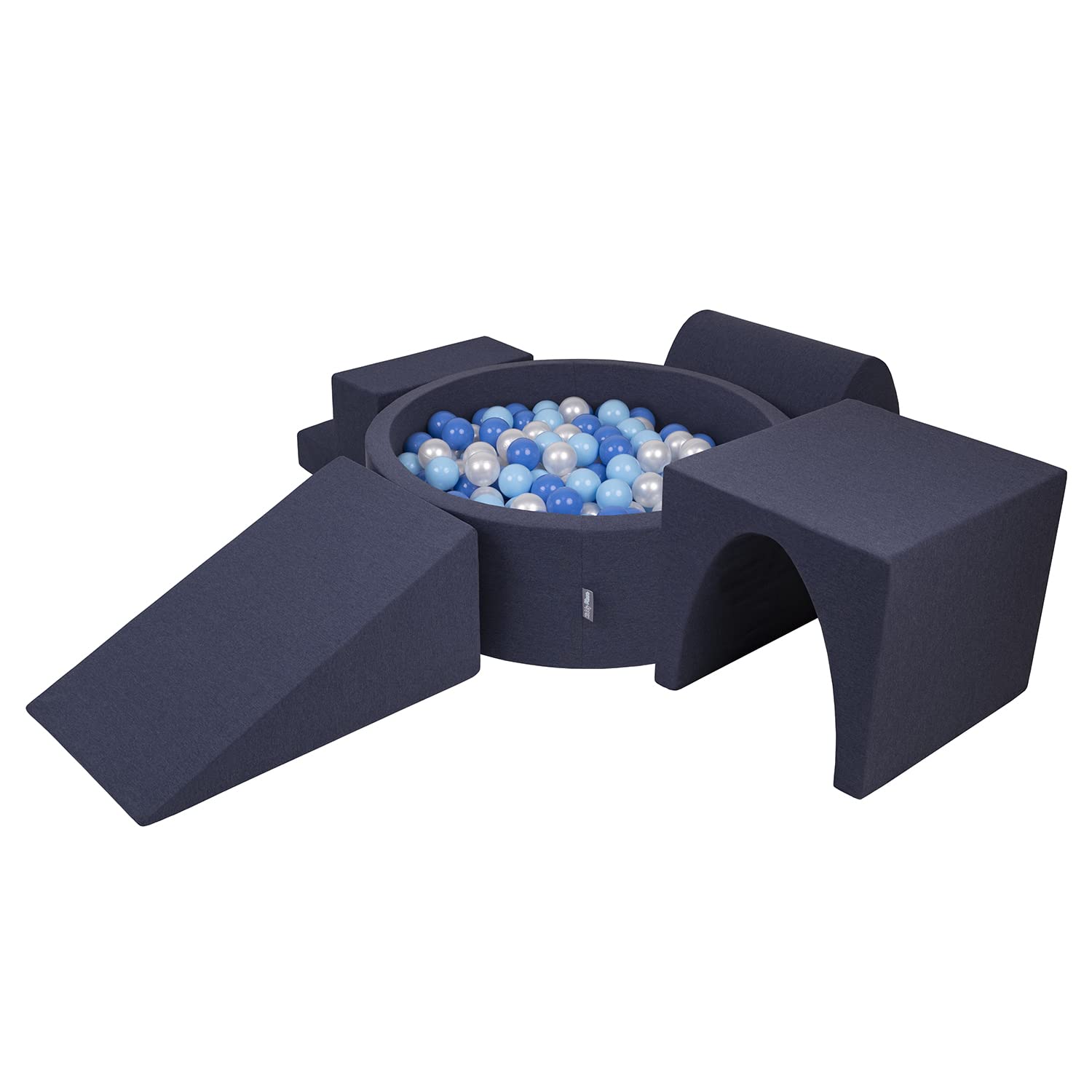 KiddyMoon Foam Playground For Kids With Round Ballpit (200 Balls ∅ 7Cm/2.75In) Soft Obstacles Course And Ball Pool, Made In EU, Darkblue:Babyblue/Blue/Pearl