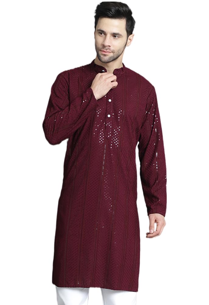 Jompers Men's Sequins Chikankari Embroidered Kurtas (Purple, Xxl)