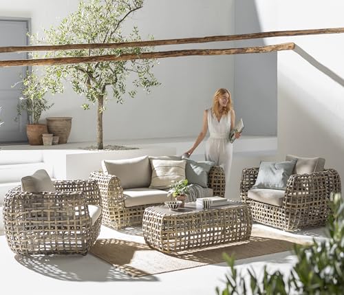 Dehner Lounge-Tisch Washington, in Rattanoptik, 108 x 39 x 58 cm, Aluminium/Polyester/Kunststoffgeflecht, Hellbraun/braun
