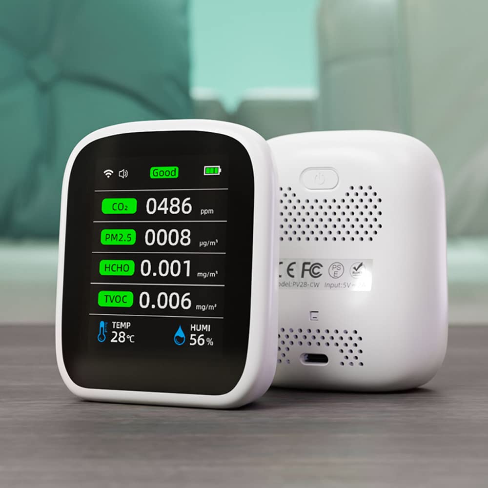 Irfora Tuya WiFi Portable 8 en 1 PM1.0 PM2.5 PM10 CO2 CO2 TVOC HCHO Testeur de température et d'humidité Écran couleur LCD Détecteur de dioxyde de carbone avec fonction d'affichage de l'heure et de la
