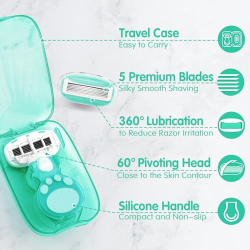Image of DreamGenius Travel Razors for Women Include 1 Handle and 5 Cartridges, Extra Smooth 5-Blade Travel Essentials Razor with Case for Shaving, Green