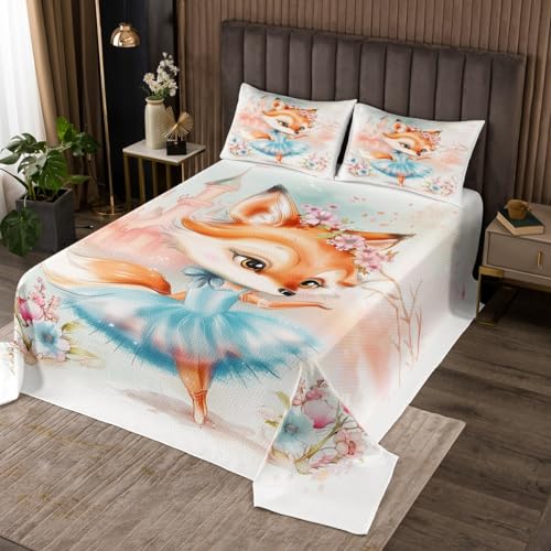 Ballet Animals Coverlet Set Twin Size,Cartoon Fox Quilted Coverlet for Kids Children Room,Dreamy Castle Garden Flower Bedspread 2 Piece Quilt Set with 1 Pillow Sham