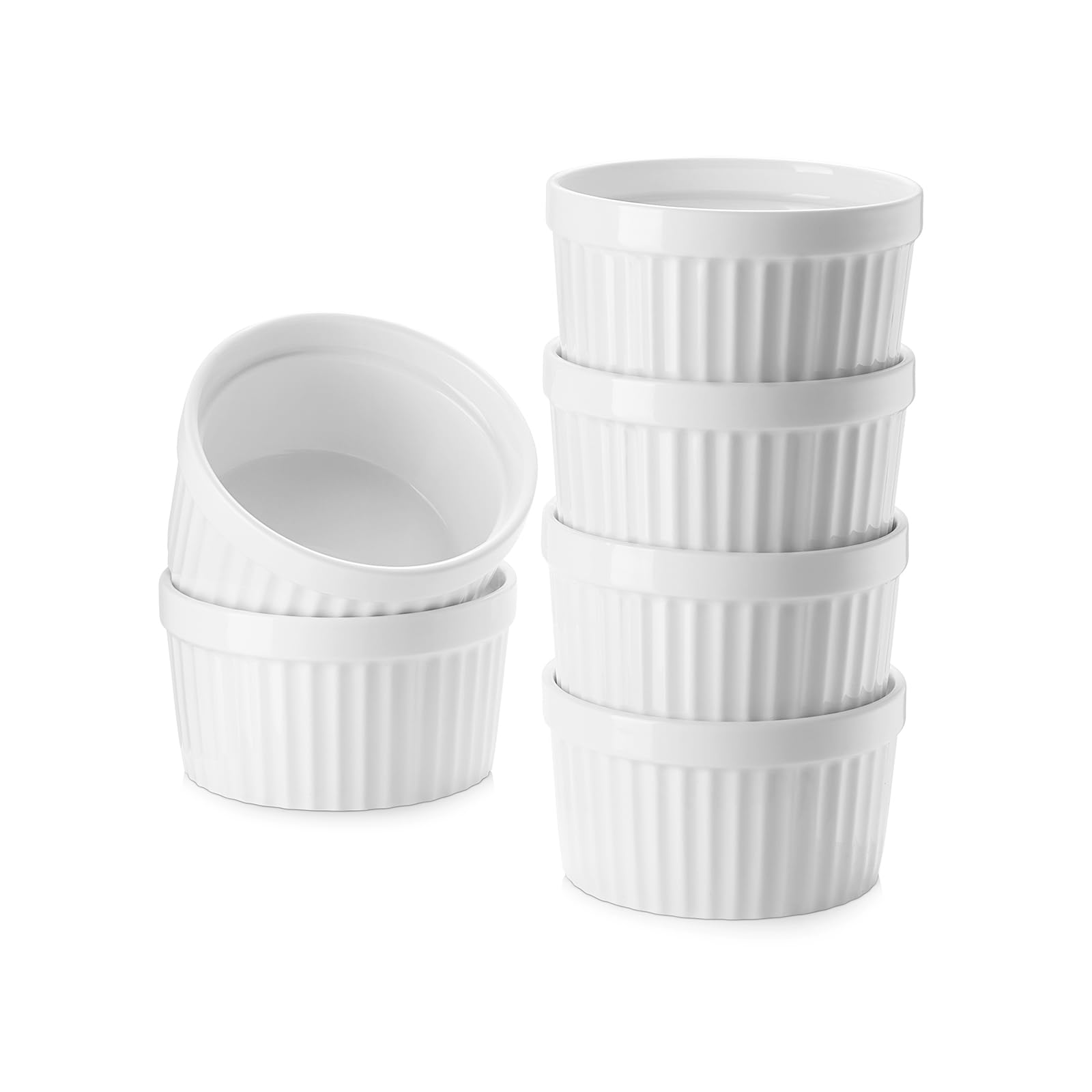 Samsle Ceramic Ramekins 8 oz Oven Safe, Small Souffle Dishes for Creme Brulee, Ice Cream, Dipping and Sauces Cup, Porcelain White Mini Baking Bowls Set of 6