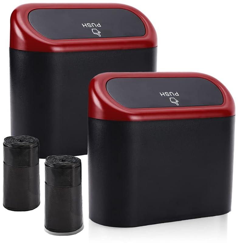 Lixeira automotiva compacta Accmor com tampa, suporte para porta e 2 rolos de sacos, preta com tampa vermelha, kit com 2