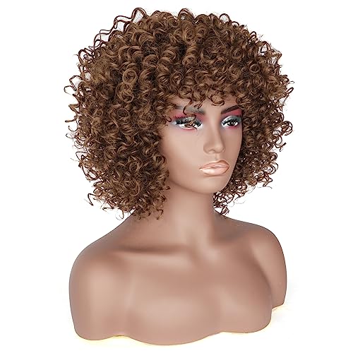 PORSMEER Short Kinky Curly Afro Wigs with Fringe Natural Looking Premium Synthetic Heat Resistant Hair Brown Wig for Black Women Ladies UK Cosplay and Daily,14 Inch - Image 4