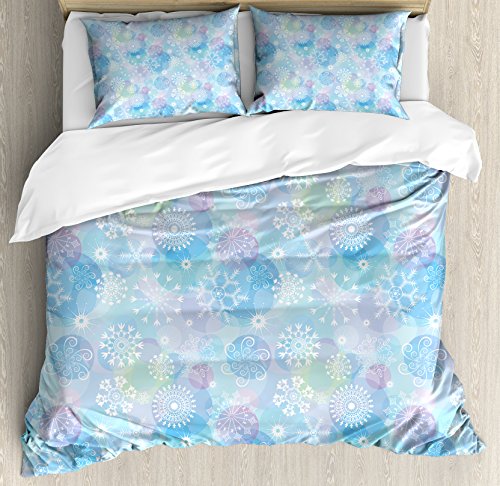 Ambesonne Snowflake Duvet Cover Set, Bokeh Style Background with Abstract Snowflake Pattern Winter Themed Composition, Decorative 3 Piece Bedding Set with 2 Pillow Shams, King Size, Multicolor
