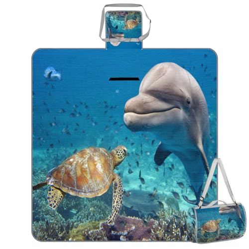 Shimoshe Picnic Blankets 57”x 59”, Ocean Sea Animal Turtle Dolphin Waterproof Sandproof Picnic Mat Lightweight Foldable Beach Blanket for Camping Park Grass Beach Outdoor Blanket