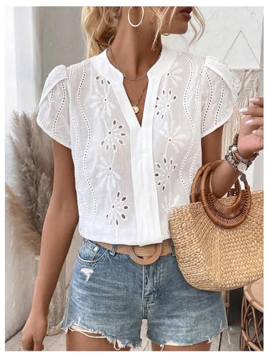 SweatyRocks Women's Embroidered Eyelet Tops Floral Summer Puff Sleeve Dressy Casual Blouses V Neck T Shirt4
