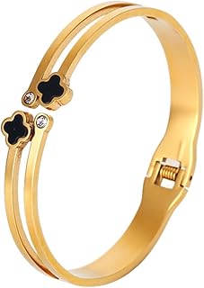 Gold Plated Bangle Bracelet, Black Shell Lucky Leaf Titanium Steel Bracelet, Fashionable Double-Layer Women's Zircon Open Bracelet for Mother's Day Valentine's Day Wedding Couples and Birthdays