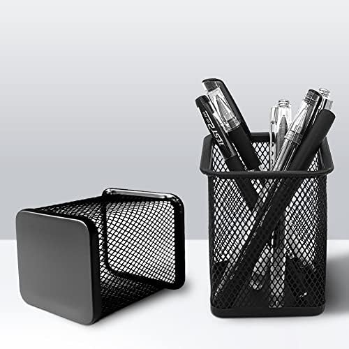 Qualsen Pen Holder for Desk 4 Pack, Mesh Desk Organizer Pen Pot Pencil Holders, Stationary Supplies Pencil Pots for Office, Home, Classroom(Black-Square, 4 Pack)