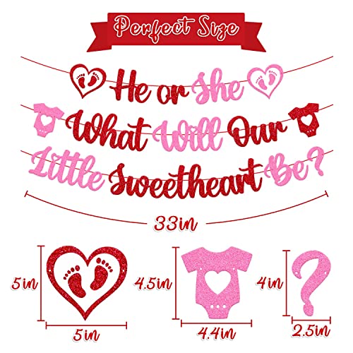 Image of FestikoHe or She What Will Our Little Sweetheart Be Banner Happy Valentine's Day Theme Glitter Pink Red Glitter Party Decorations Supplies