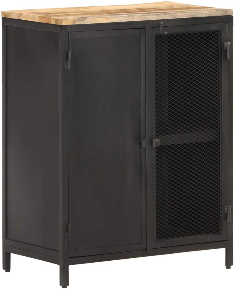 Industrial Style Sideboard with Solid Mango Wood and Powder-Coated Iron Frame, 23.6x13.8x30.7 Inches, Black, 2 Spacious Compartments, Includes Mounting Kit for Secure Wall