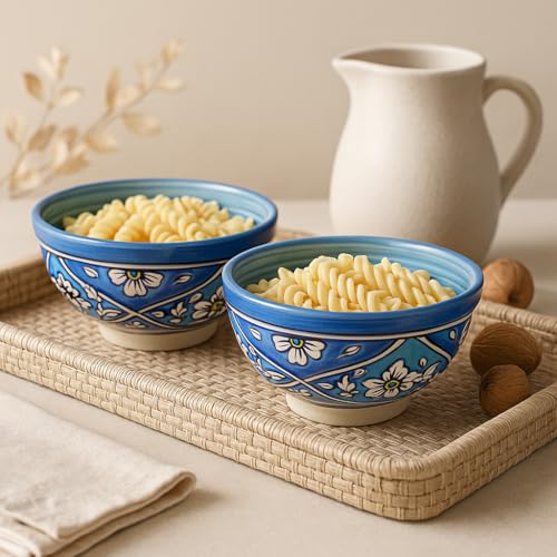 Image of KITTENS Handcrafted Blue Ceramic Snack Bowl Set of 2 - Handpainted Floral Art | Microwave & Dishwasher Safe | 500ml | Ideal for Pasta, Maggi, Cereal, Salad & Daily Use - Made in India