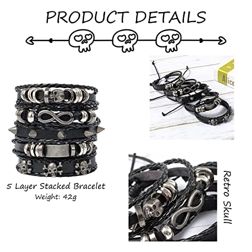 Svovin 5-6 Pieces Women Men Leather Bracelet Black Braided Rope Bracelet Wristband Punk Jewelry Skull #TOP1