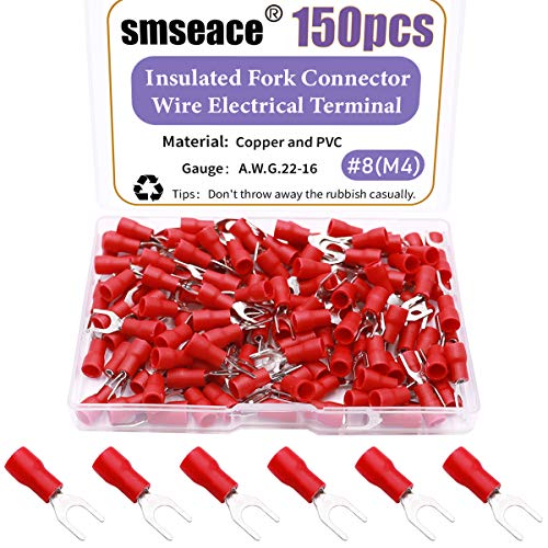 Smseace CA-SV1.25-4 150Pcs #8(M4) Insulated Fork Terminals Red U-Type Wire Connector Electrical Crimp Terminal Awg 22-16 Connectors Assortment Kit Sv1.25-4 cover