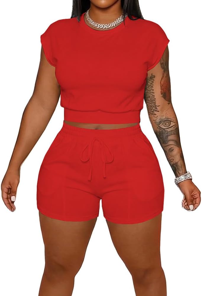 HBQ Women's Short Sets 2 Piece Summer Outfits Cap Sleeve Crop Top and Shorts Casual Lounge Matching Sets