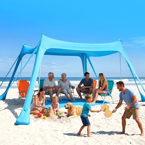 Purebox Beach Tent Sun Shelter - 10x10FT Beach Shade Canopy UPF50+ Protection Easy Setup, with 8 Sandbags, 4 Stability Poles, Sand Shovel, Ground Spikes, Outdoor Shade for Sand, Camping, Fishing