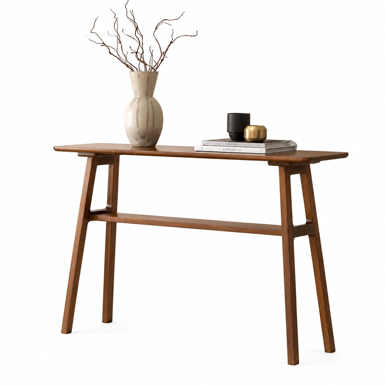 Solid Wood Console Table for Living Room | Modern Entryway Furniture with Lower Shelf | Scandinavian Hall Stand | Walnut Finish for Home Decor-image-5
