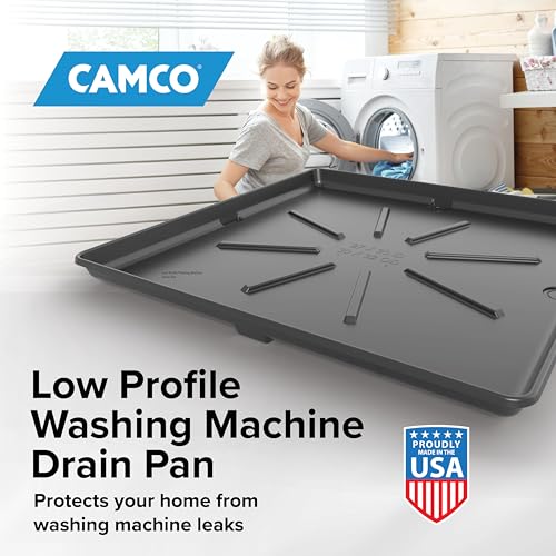 Image of Camco Low Profile Washing Machine Drain Pan with PVC Fitting - 29 inch x 33 inch ID and 30.5 inch x 34.5 inch OD - Protects Your Floors from Washing Machine Leaks - Easy to Use - Graphite - 20784