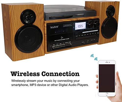Boytone BT-28SPW Bluetooth Classic Record Player Turntable All-in-One with AM/FM Radio, CD/Cassette Player, 2 Separate Stereo Speakers, Record from Vinyl, Radio, and Cassette to MP3, SD slot, USB, AUX - Thumbnail 3