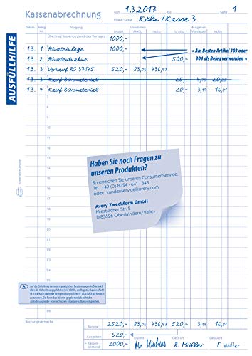AVERY Zweckform 1227 Recycling Kassenabrechnung (A4, 2x50 Blatt, 1 Blatt Blaupapier, MwSt.-Spalte für Einnahmen & Ausgaben, von Rechtsexperten geprüft, für DE/AT, ordungsgemäße Buchführung) weiß/gelb