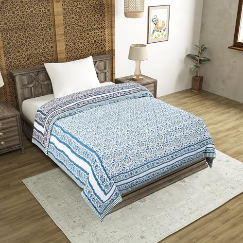 Image of BLOCKS OF INDIA Cotton Single Size Quilt Hand Block Print for Light Winters (60x90 Inches) (Blue Grey JAAL)-300 TC