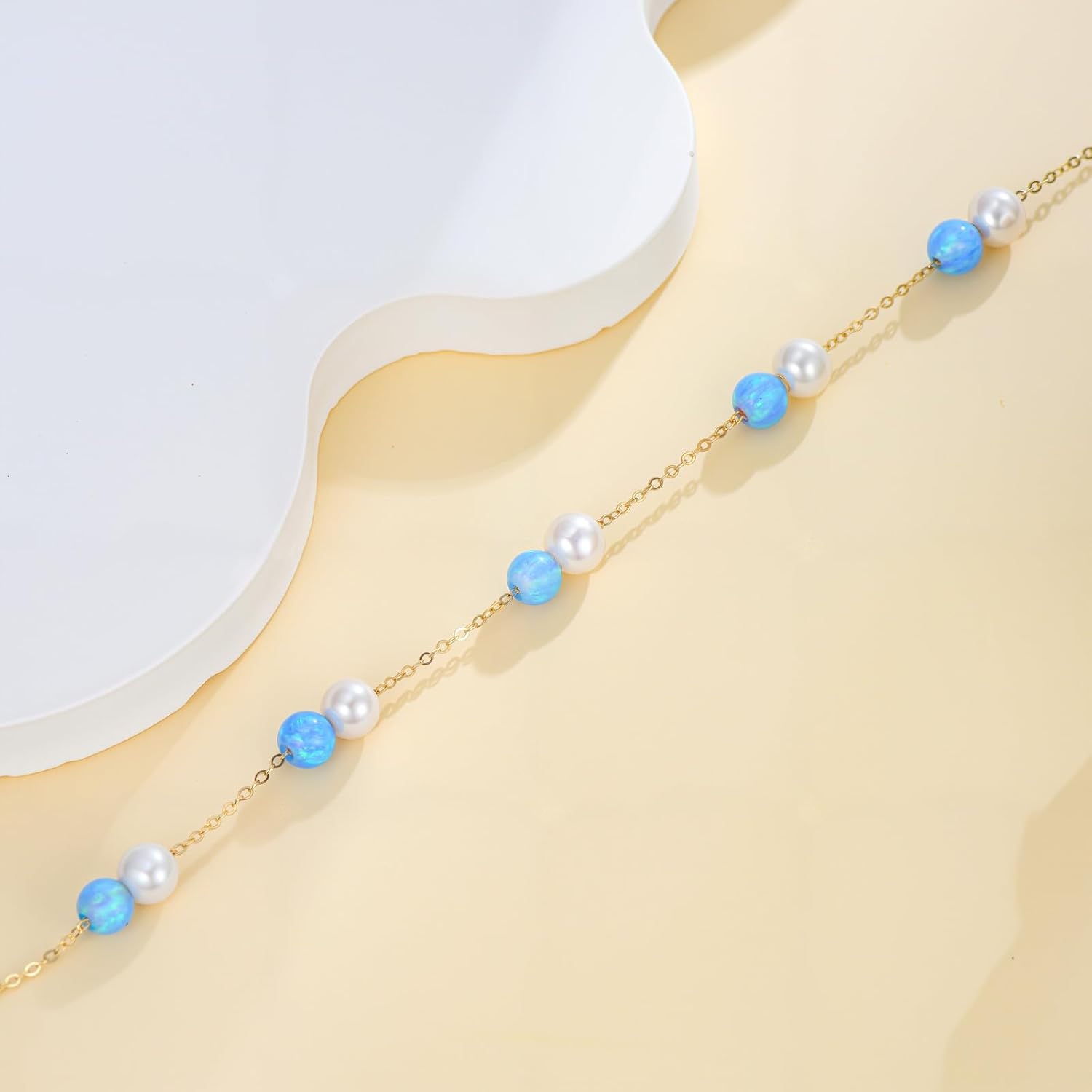 14K Gold Pearl Opal Station Bracelet for Women,5MM Freshwater Pearl and Blue Created Opals Bracelets Anklets Anniversary Christmas Mother’s Day Jewelry Gift for Mom Wife Her 6.5''+2''