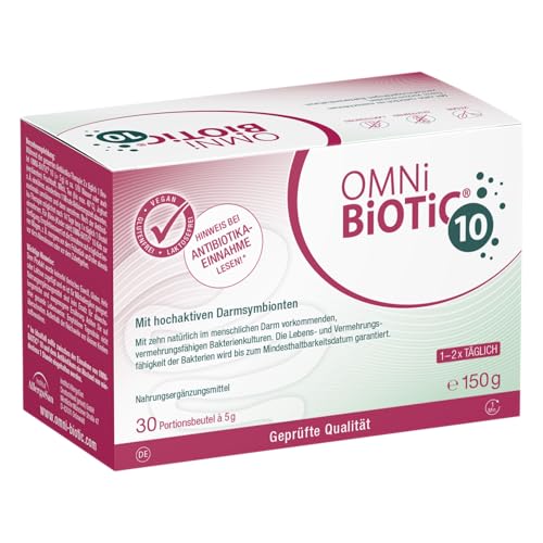 OMNi BiOTiC 10 | Antibiotikum? Darmflora ergänzen | Empfehlenswert ab dem ersten Tg einer Antibiotika-Therapie | Pulver | Zur täglichen Anwendung | Mit Inulin | Vegan | Glutenfrei | 30 Portionen