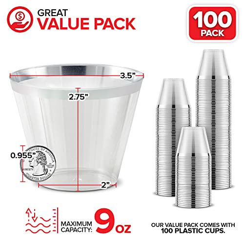 9 Oz Silver-Rim Disposable Plastic Cups (100 Pack) Elegant Tumblers Glasses For Parties, Weddings, Holidays, Dessert Tumbler, Bulk Drinking Cup For Fruit Punch, Cocktails, Wine #TOP1